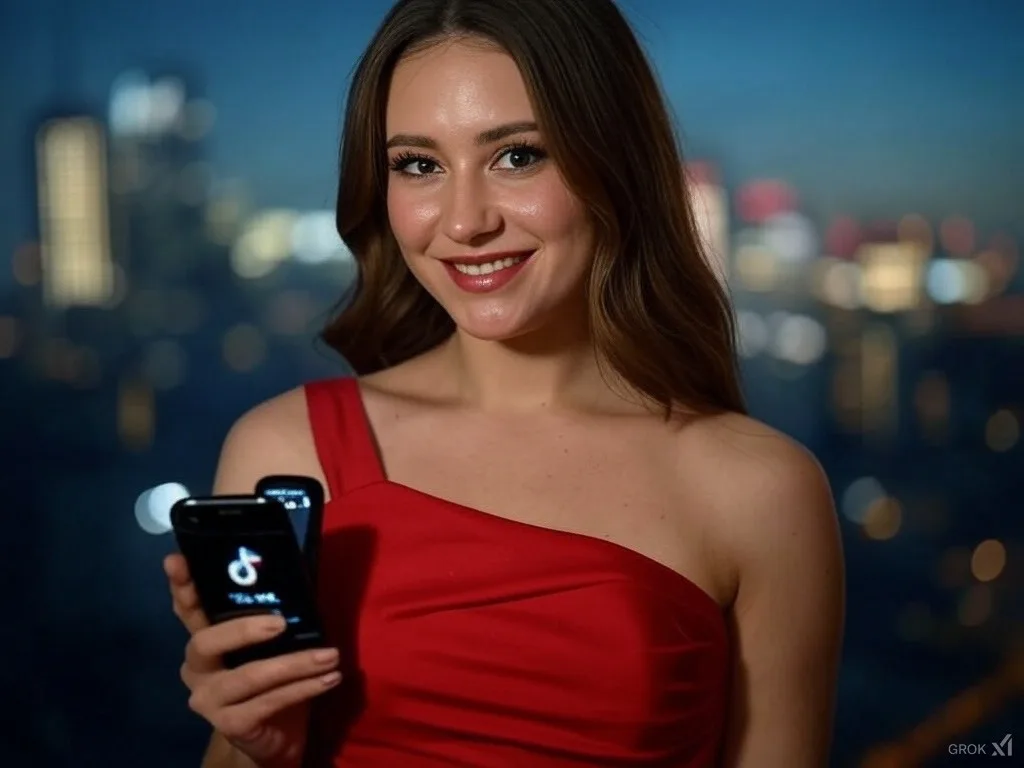 Jeune femme de 25 ans, habillée de manière élégante et sexy, posant devant un écran de téléphone affichant l'interface TikTok. Son expression est confiante et légèrement mystérieuse, sur un fond flou mettant en valeur la technologie moderne des réseaux sociaux.